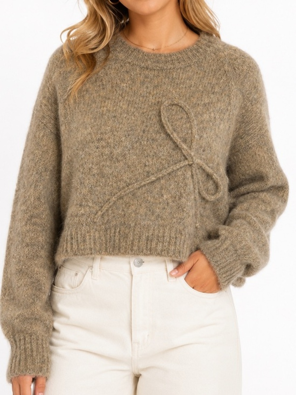American Eagle Soft Eyelash Bow Sweater Women’s Medium Tan Fuzzy Cropped Cozy